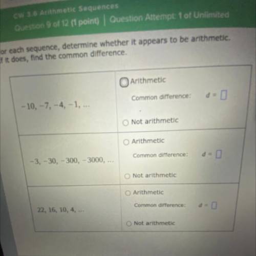 For each sequence, determine whether it appears to be arithmetic.

If it does, find the common dif