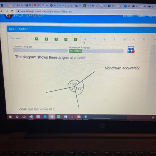 The diagram shows three angles at a point.

Not drawn accurately
1689
w|1230
Work out the value of