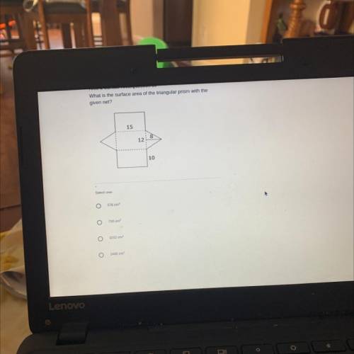 What is the surface area of the triangular prism with the

given net?
un
12
10
Select one:
578 cm