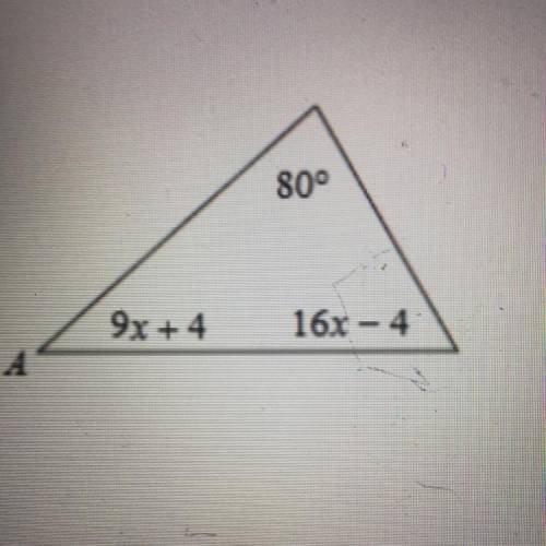 Help me
What is the measure of the angle labeled with the letter A?