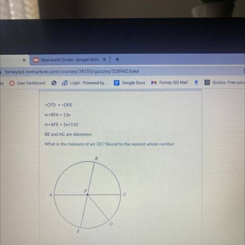 M
m
BE and AC are diameters
What is the measure of arc DC? Round to the nearest whole number,