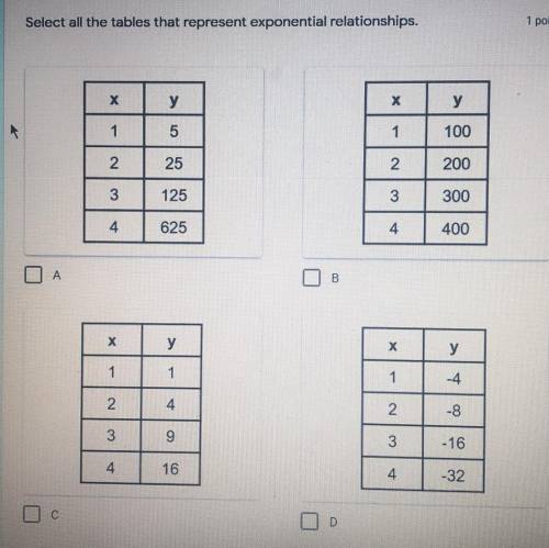 Select all the tables that represent exponential relationships.