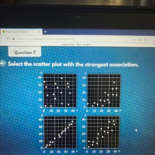 Select the scatter plot with the strongest association.

40
40
30
30
20
20
10
10
0
10 20 30 40 x 0