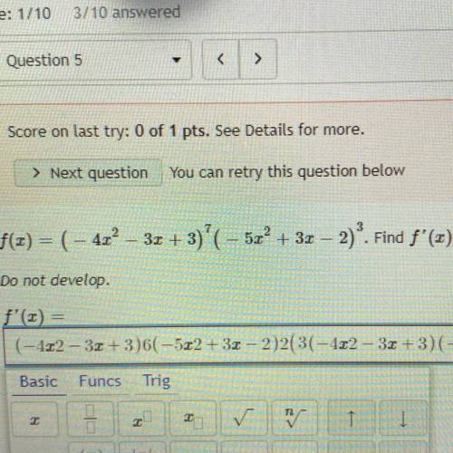 F(x) = ( – 4x² – 3x + 3)'( – 5x + 3x – 2). Find f'(x).