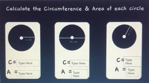 Calculate the circumference & Area of each circle

10.5
6 IN
28 CM
C = Type Here
C = Type Here
