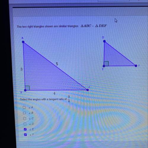Select the angle with a tangent ratio of 3/4.