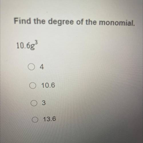 Find the degree of the monomial.
10.6g3