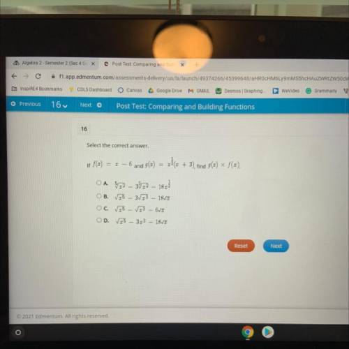 16

Select the correct answer.
If f(r)
1
6
and
g(x) = x2(x + 3), find 9() f(t).
B.
OA V2 – 3312 –