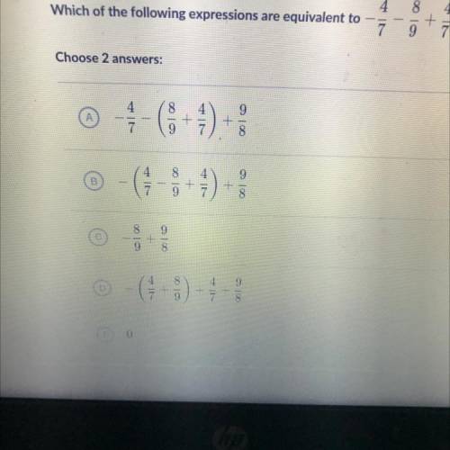 Which of the following expressions are equivalent to -4/7-8/9+4/7+9/8