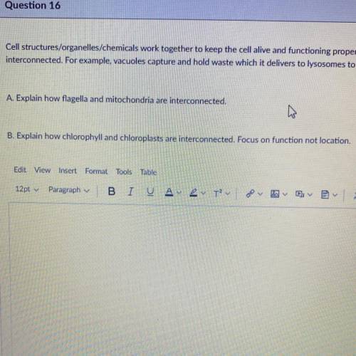 A. Explain how flagella and mitochondria are interconnected.

B. Explain how chlorophyll and chlor