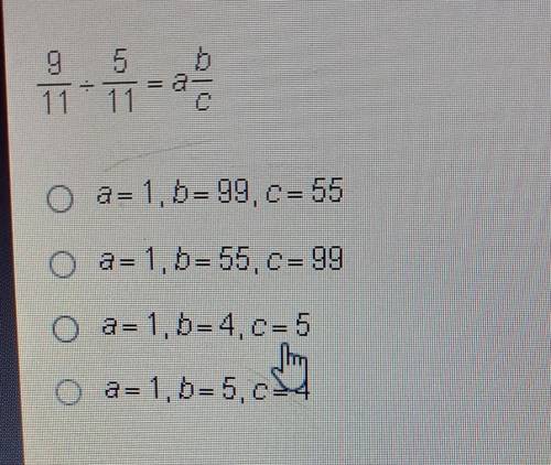 Which values of a, b, and c represent the answer in simplest form? plis help​