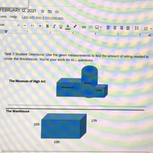 Help please.

the questions: 
a) determine the surface area of the warehouse.
b) what is the are o