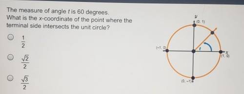 The measure of angle t is 60 degrees. What is the x-coordinate of the point where the terminal side