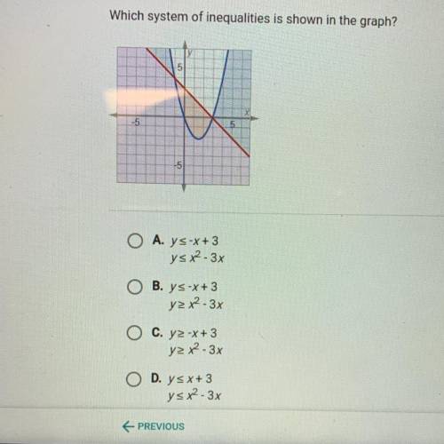 Which system of inequalities is shown in the graph?

A. ys -x + 3
ys x2-3x
B. ys-x+ 3
yzx²-3x
c. y