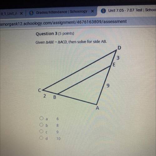 Given AABE - AACD then solve for side AB,