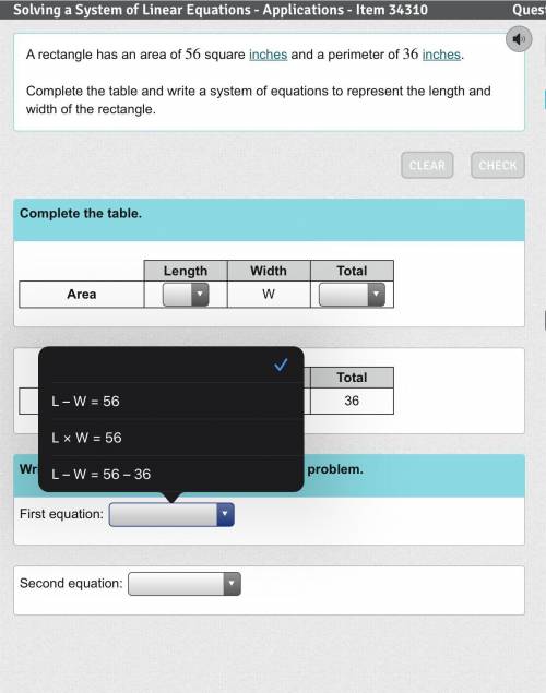 A rectangle has an area of 56

56
square inches and a perimeter of 36
36
inches.
Complete the tabl