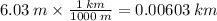 6.03 \: m \times  \frac{1 \: km}{1000 \: m} = 0.00603 \: km