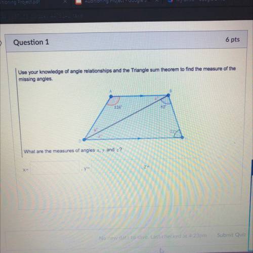 Help ASAP!
Question 1 
What are the measures of angles x, y, and z
