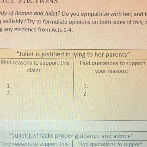20 POINTSJuliet is justified in lying to her parents

Find reasons to support this Find quot