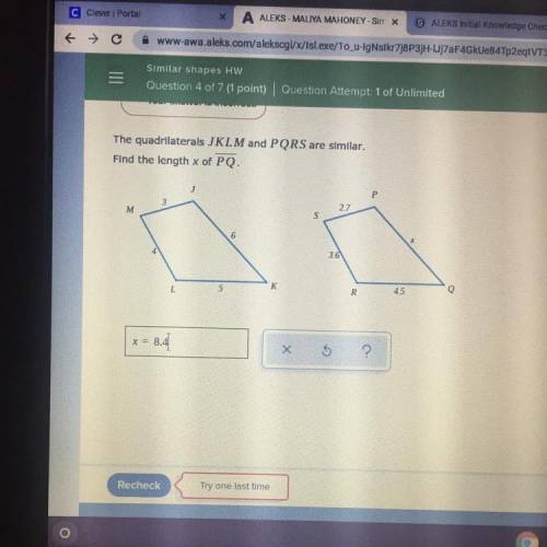 The quadrilaterals JKLM and PQRS are similar.

Find the length x of PQ.
P
3
27
M
s
6
x
3.6
K
5
R
4