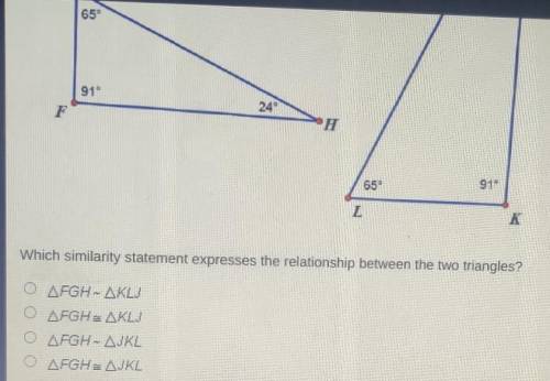 Which similarity statement expresses the relationship between the two triangles?

the top point is