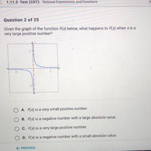 Question 2 of 25

Given the graph of the function F(x) below, what happens to F(x) when xis a
very