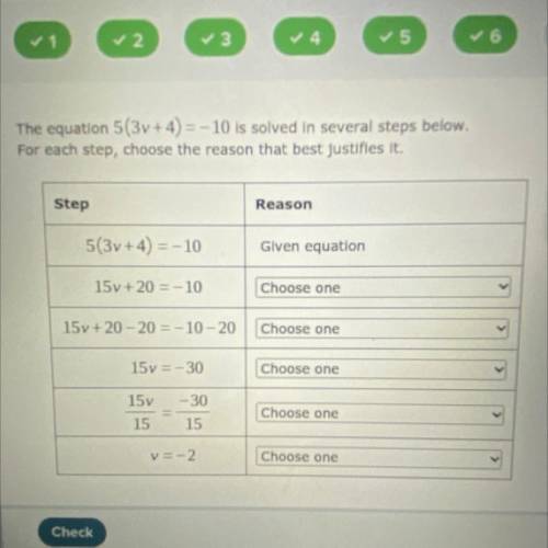 The equation 5(3v+4)=-10 is solved in several steps below.

For each step, choose the reason that