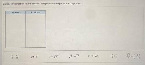 HELP ASAP!!
drag each expression into the correct category according to its sum or product.