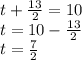 t +  \frac{13}{2}  = 10 \\ t = 10 -  \frac{13}{2}  \\ t =  \frac{7}{2}