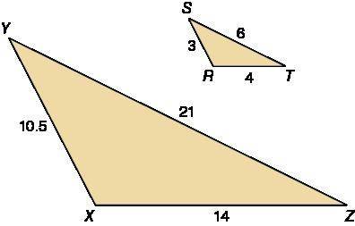 In the diagram, △RST∼△XYZ. Find the scale factor from △RST to △XYZ. Write your answer in simplest f