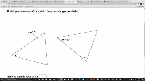 Find all possible values of x for which these two triangles are similar.
