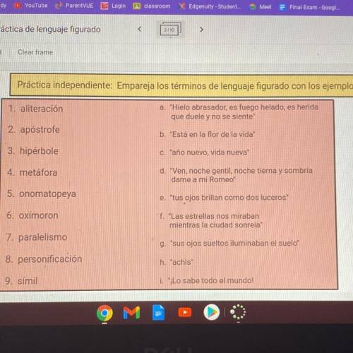 Práctica independiente: Empareja los términos de lenguaje figurado con los ejemplos.

1. aliteraci
