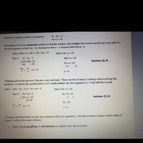 1. Show (using graphing or substitution) or explain why she is correct.