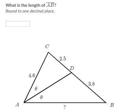 ∠DAC=∠BAD
What is the length of AB?
Round to one decimal place.