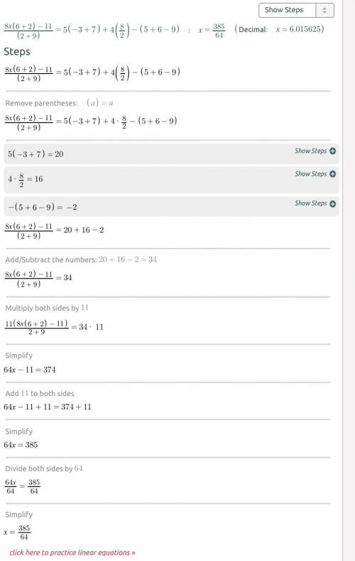 8×(6+2)-11:(2+9)=5(-3+7)+4(8÷2)-(5+6-9)​