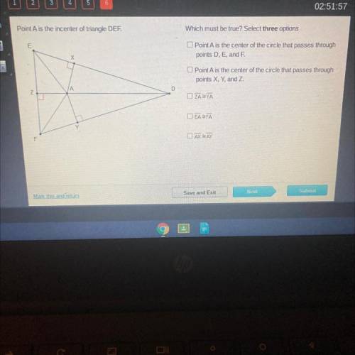 Point A is the incenter of triangle DEF.
Which must be true? Select three options