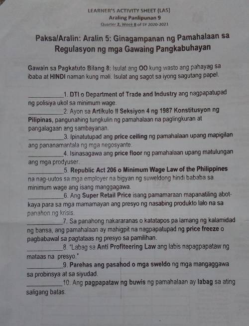 gawain sa pagkatuto bilang 8:isulat ang oo kung wasto ang pahayag sa ibaba at hindi naman kung mali