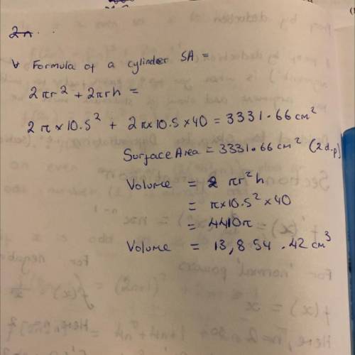 If the height of cylinder 40cm and radius 10.5 find total surface and volume ​