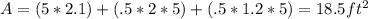 A=(5*2.1)+(.5*2*5)+(.5*1.2*5)=18.5ft^{2}