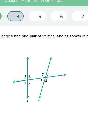 Give one pair of supplementary angles and one pair of vertical angles shown in the figure below.