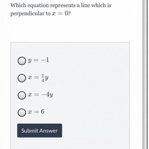 Which equation represents a line which is perpendicular to x=0?