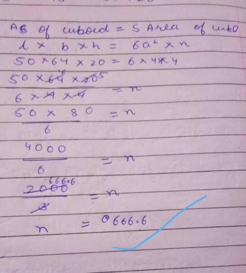 A cuboid is of dimensions 50 cm x 64 cm x 20 cm. How many small cubes of side 4

cm can be placed i