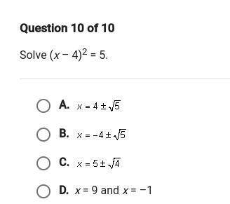 Solve. (x-4)²=5
PLEASE HELP