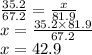 \frac{35.2}{67.2}  =  \frac{x}{81.9}  \\ x =  \frac{35.2 \times 81.9}{67.2 }  \\ x = 42.9