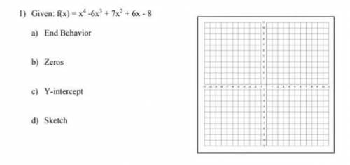 Help me find the end behavior, zeros, y intercept, and sketch please f(x)=x^4-6x^3+7x^2+6x-8