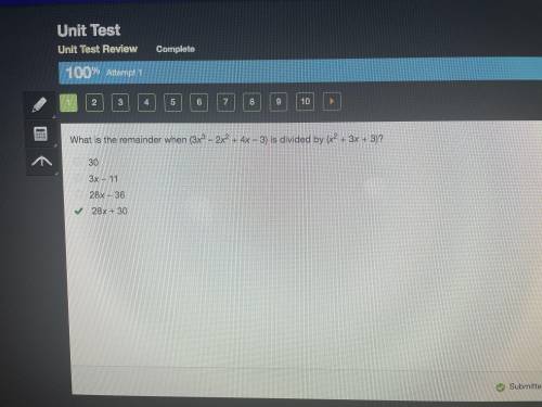 What is the remainder when (3x^2-2x^2+4x-3) is divided by (x^2+3x+3)?

here is all the answered fo