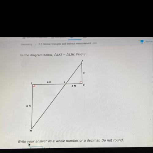 Find u in the diagram and write the answer as whole number or a decimal . Do not round.