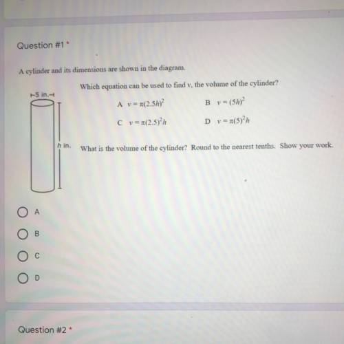 A cylinder and its dimensions are shown in the diagram.

Which equation can be used to find v, the