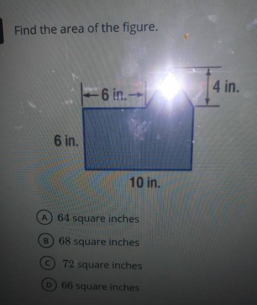 Find the area of the figure. 4 in. 6 in. 6 in. 10 in. A 64 square inches B 68 square inches C 72 sq