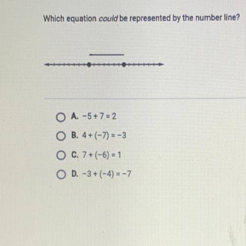 Which equation could be represented by the number line?

O A. -5 + 7 = 2
O B. 4 +(-7)=-3
O C. 7 +(